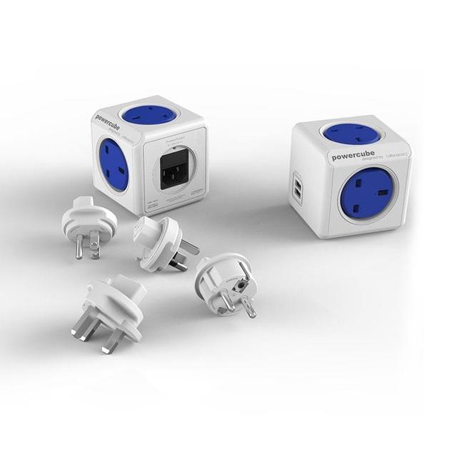 توصيلة كهربائية ثلاثية مع منفذي USB أبيض وأزرق DXB.NET powercube rewirable usb uk travel plugs blue - SW1hZ2U6MzY3NDE=