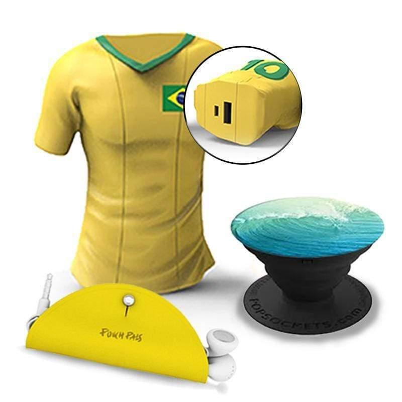 طقم بور بنك كأس العالم (المنتخب البرازيلي) MOJI POWER T-SHIRT Powerbank 2600 MAH  BRAZIL + POPSOCKETS Mobile Grip + POUCH PALS Cord Case Bundle