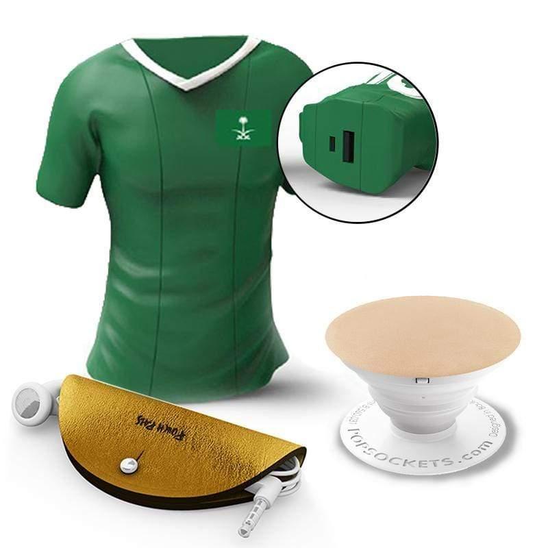 طقم بور بنك كأس العالم (المنتخب السعودي) MOJI POWER T-SHIRT Powerbank 2600 MAH KSA + POPSOCKETS Mobile Grip + POUCH PALS Cord Case Bundle