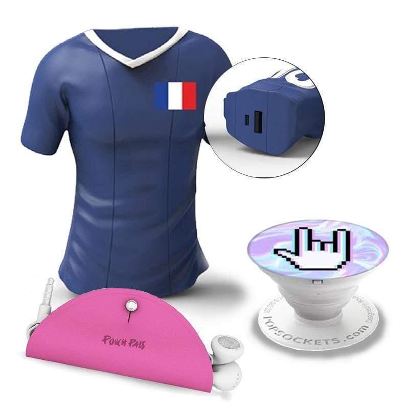 طقم بور بنك كأس العالم (المنتخب الفرنسي) MOJI POWER T-SHIRT Powerbank 2600 MAH FRANCE + POPSOCKETS Mobile Grip + POUCH PALS Cord Case Bundle