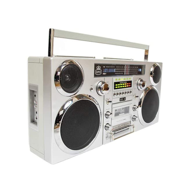 gpo retro brooklyn bluetooth boombox 80w cd cassette fm usb recording silver
