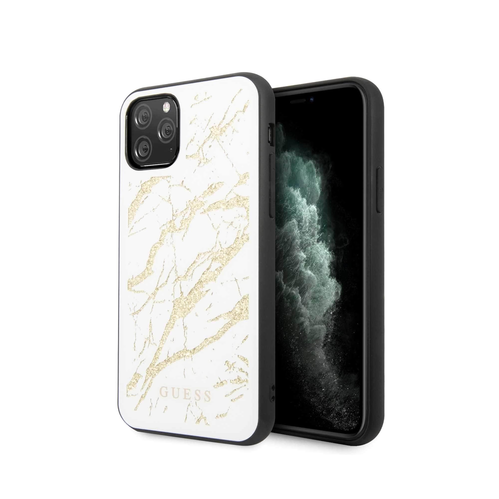 guess pc tpu layer gold glitter marble case for iphone 11 pro max white