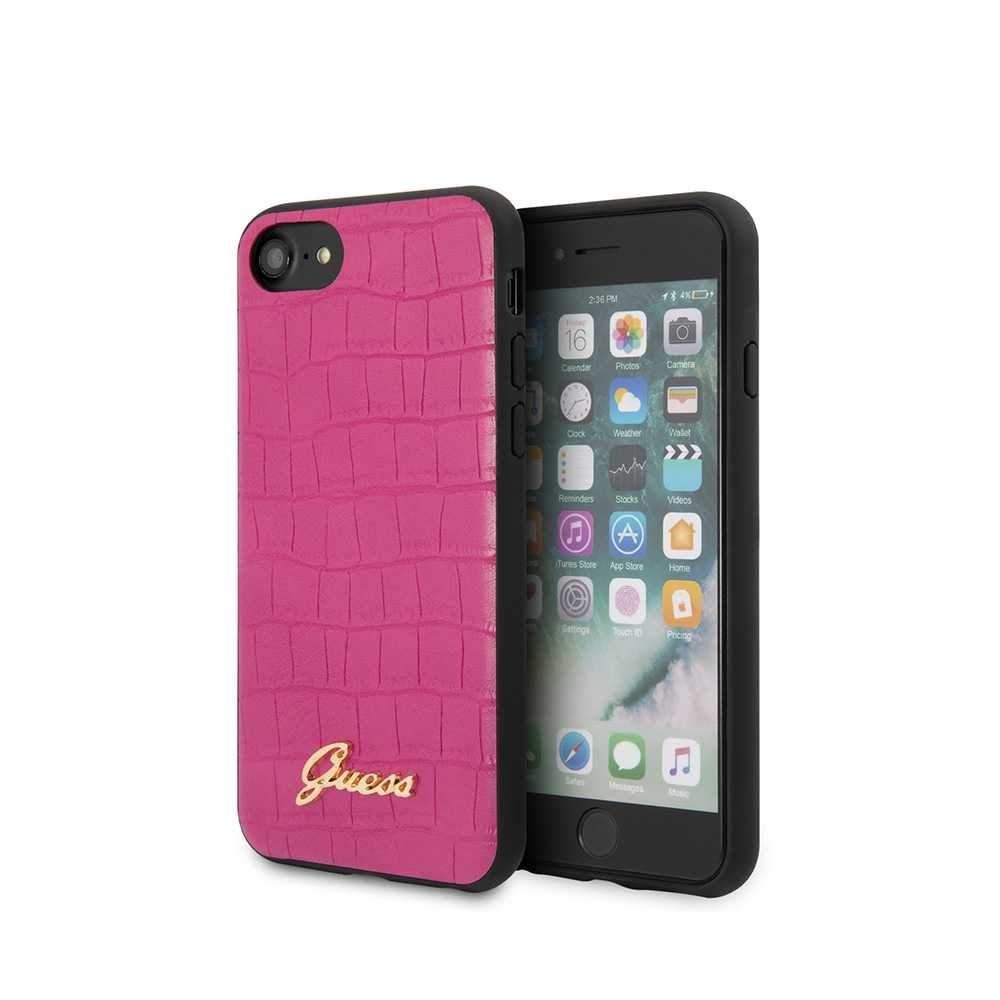 guess pu croco print case with metal logo for iphone se 2 pink