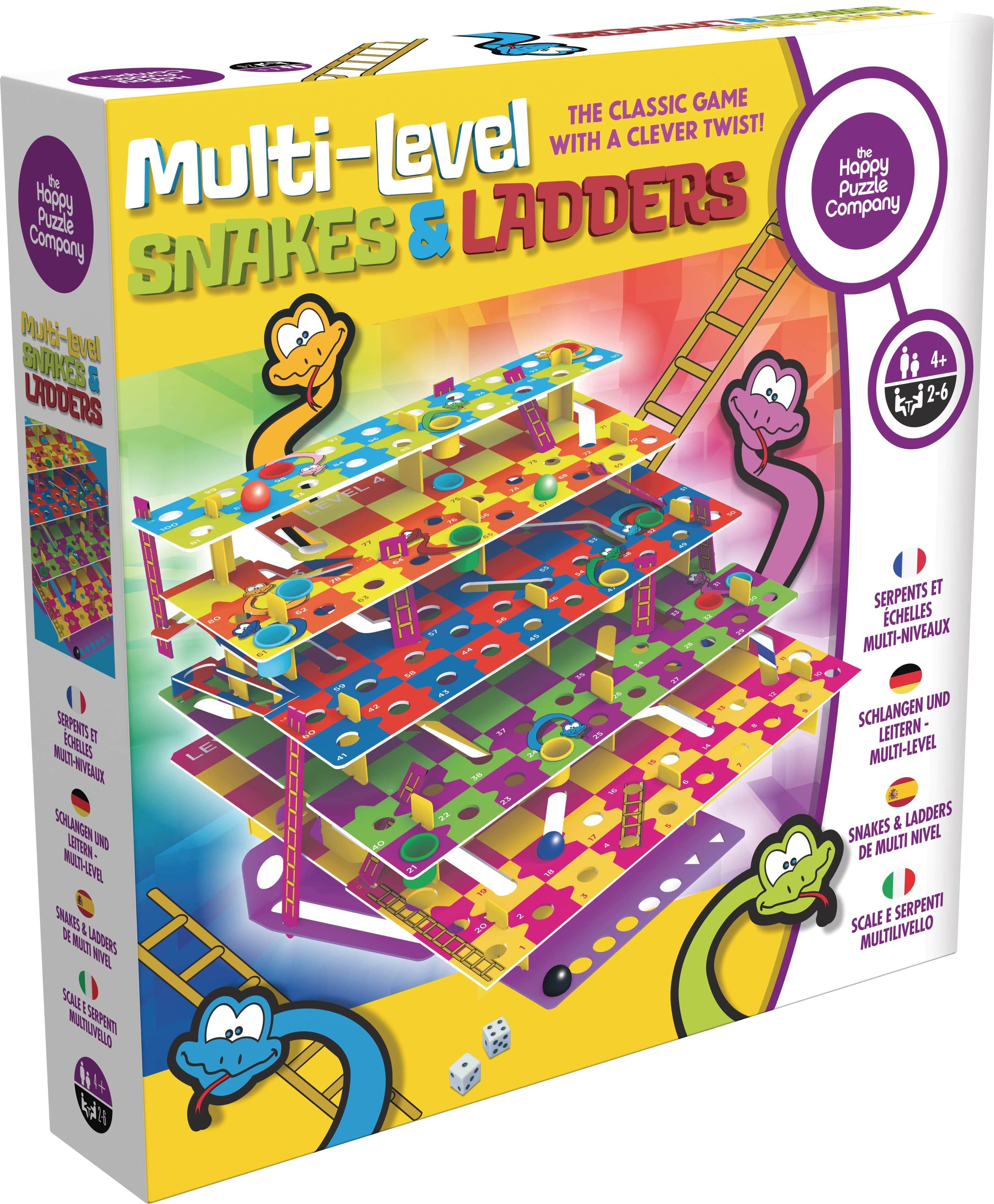 happy puzzle multi level snakes and ladders colorful indoor board classic game with twist of modern 3d w ladders to climb holes for snake bites kids adults family fun game w 5 unique levels