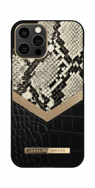 ideal of sweden atelier apple iphone 12 12 pro case fashionable swedish design textured leather iphone back cover snake and croco wireless charging compatible midnight python