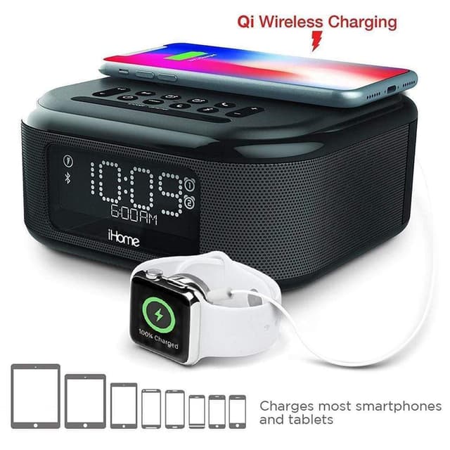 ihome bluetooth stereo dual alarm clock with speakerphone wireless charging plus usb charging