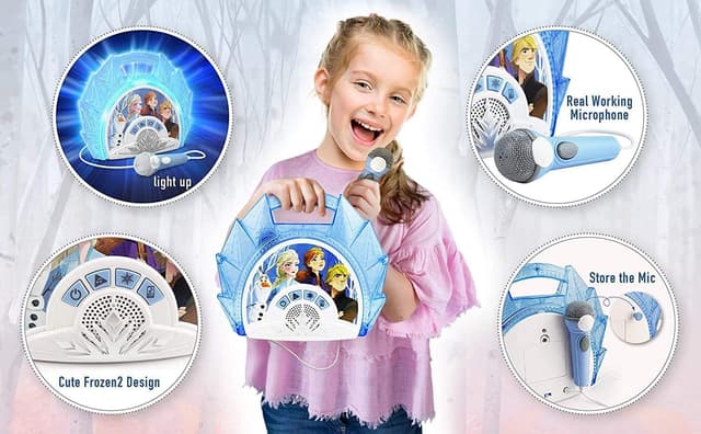 iHome kiddesigns disney frozen 2 sing along karaoke boombox kids toys portable karaoke machine built in music led flashing lights working microphone connects mp3 player audio device w play buttons