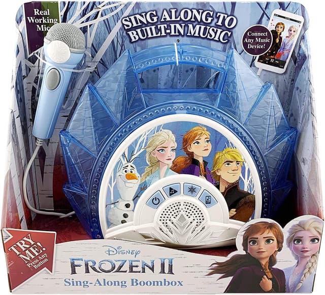 iHome kiddesigns disney frozen 2 sing along karaoke boombox kids toys portable karaoke machine built in music led flashing lights working microphone connects mp3 player audio device w play buttons