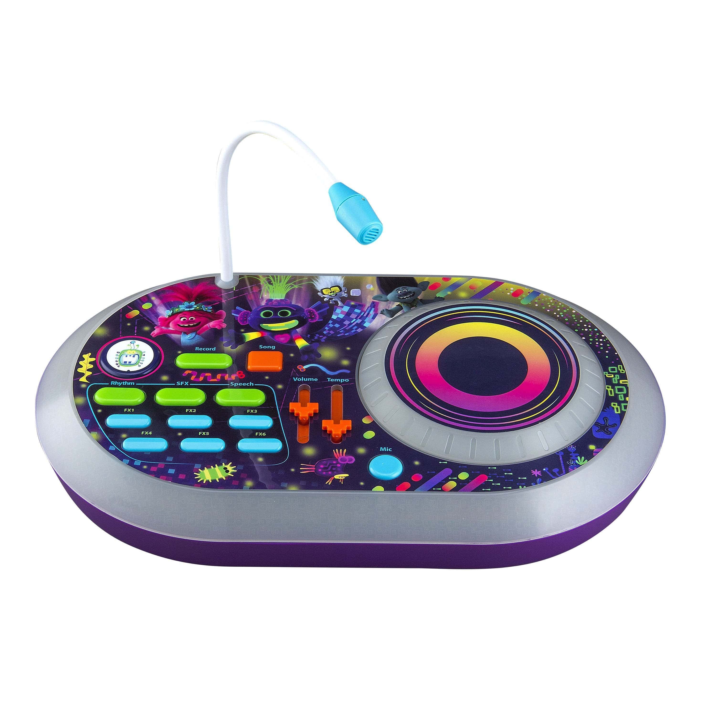 iHome kiddesigns trolls 2 world tour dj trollex party mixer toys for kids portable mixer w turntable built in music led flashing lights microphone volume and tempo slider connects mp3 player audio