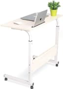 Generic laptop table desk stand mobile computer workstation height adjustable with phone holder rolling wheel movable for 17 inch laptop bedroom living room office white maple ultra big desktop 80 x 40cm