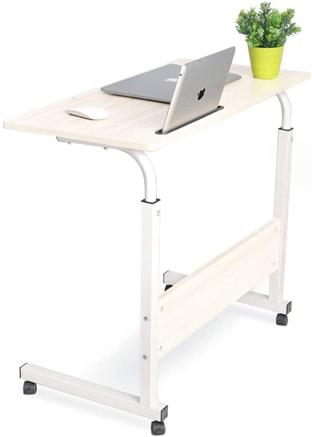 Generic laptop table desk stand mobile computer workstation height adjustable with phone holder rolling wheel movable for 17 inch laptop bedroom living room office white maple ultra big desktop 80 x 40cm