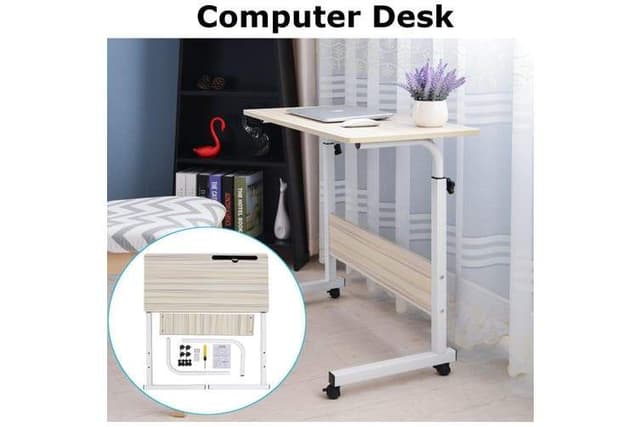 Generic laptop table desk stand mobile computer workstation height adjustable with phone holder rolling wheel movable for 17 inch laptop bedroom living room office white maple ultra big desktop 80 x 40cm