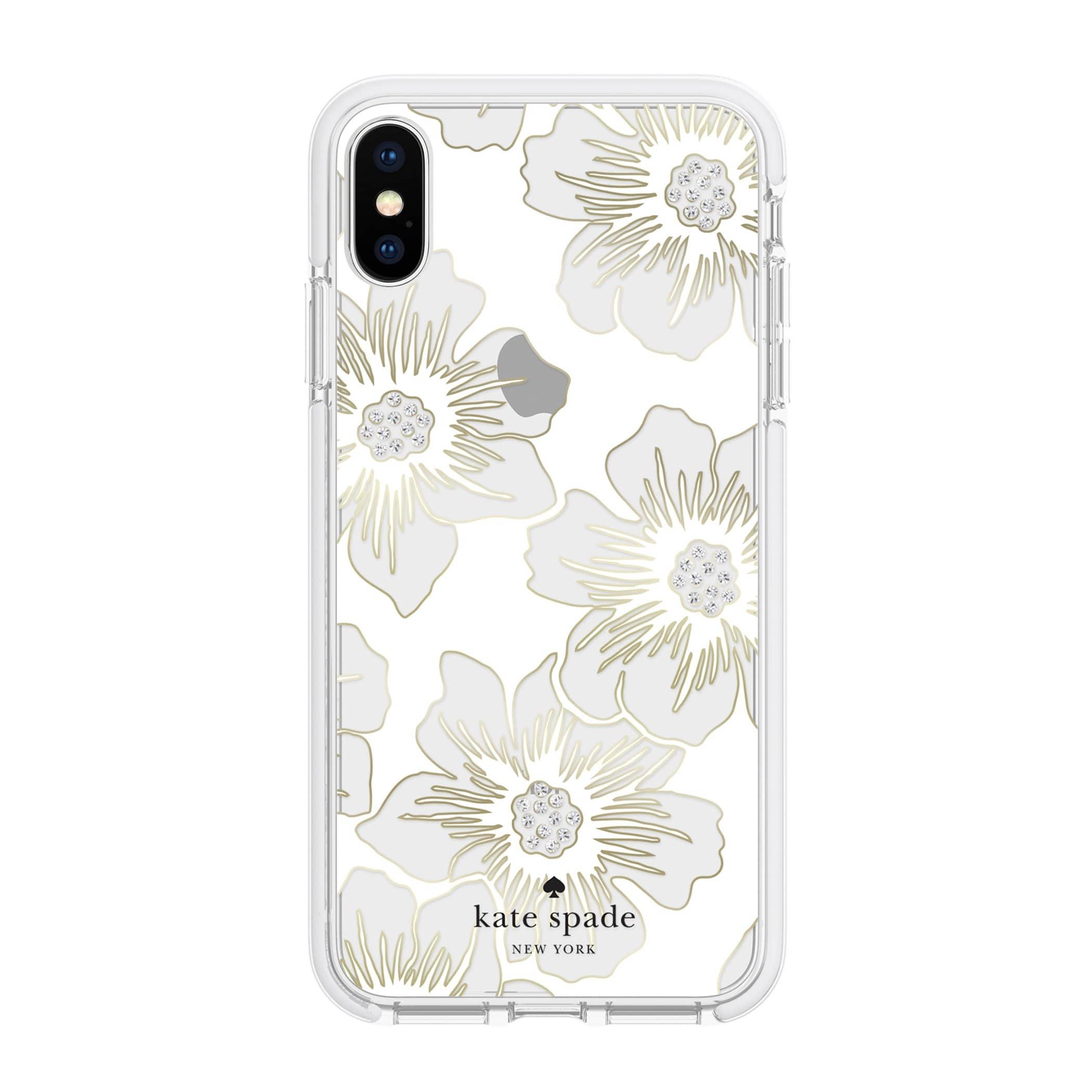 kate spade new york iphone xs x defensive hardshell case reverse hollyhock floral clear cream with stones