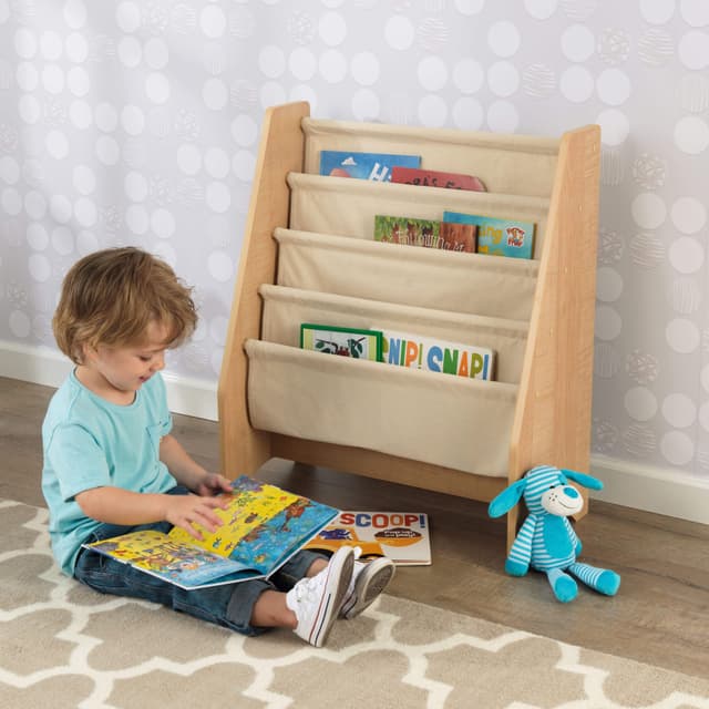 منظم العاب للاطفال خشبي مع جيوب قماش كيد كرافت KidKraft With Fabric Pockets Wooden Sling Bookshelf Natural - 69819