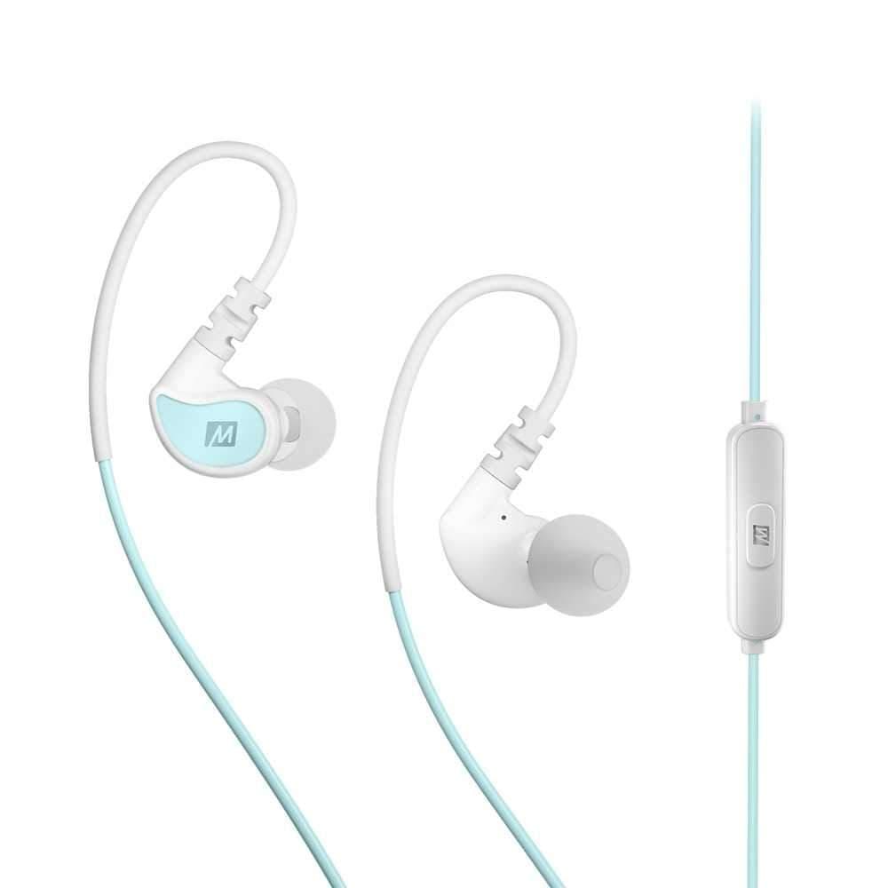 mee audio in ear sports headphones with microphone and remote mint and white