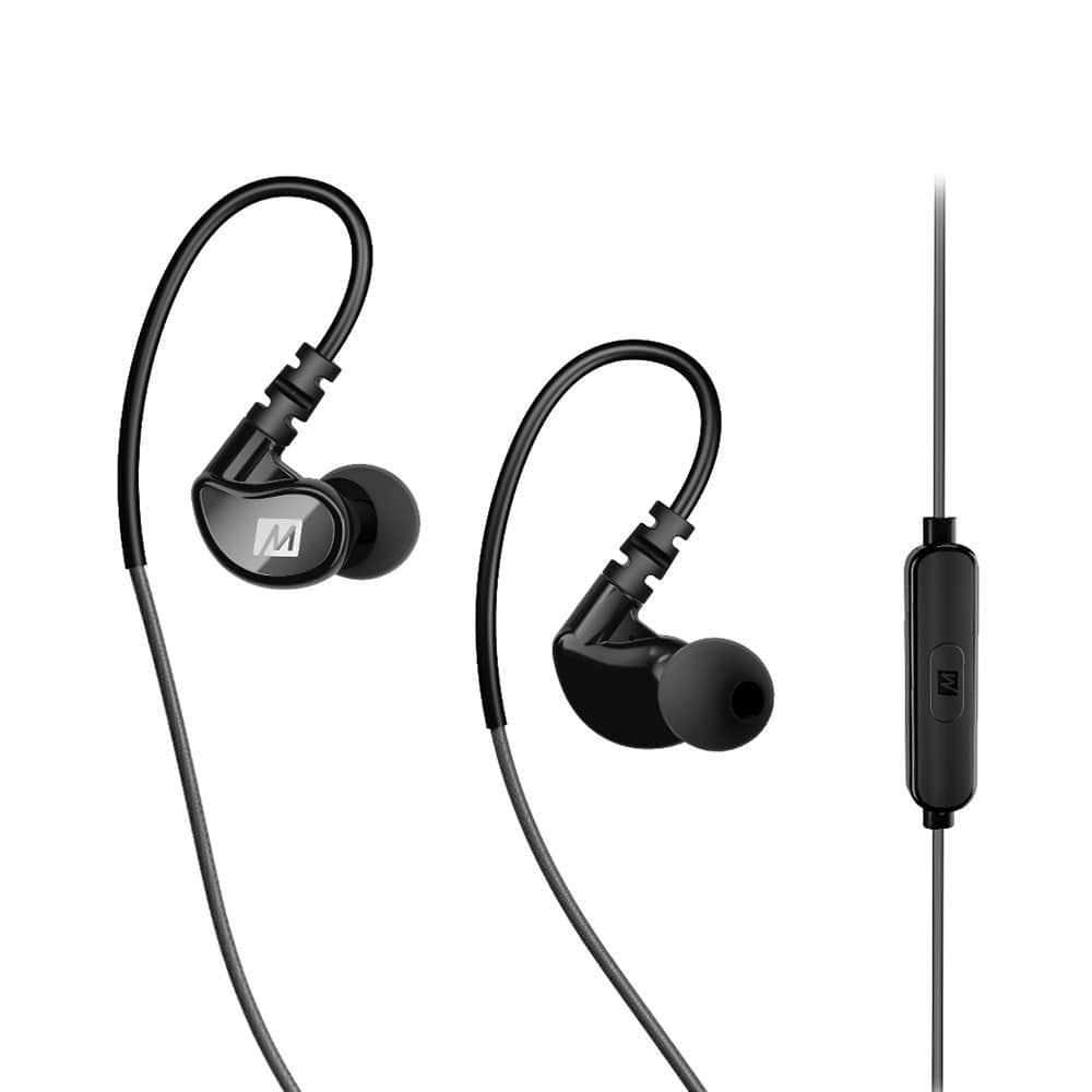 mee audio in ear sports headphones with microphone and remote grey and black