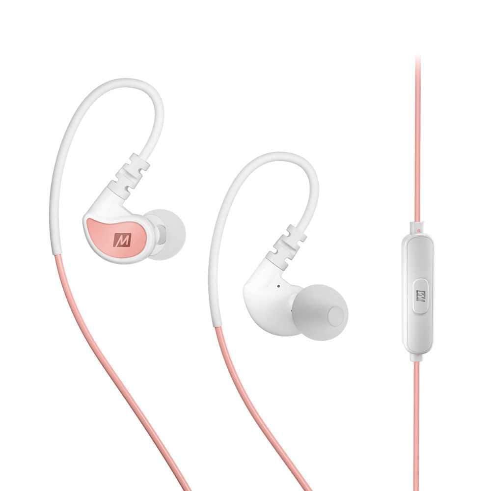 mee audio in ear sports headphones with microphone and remote coral and white