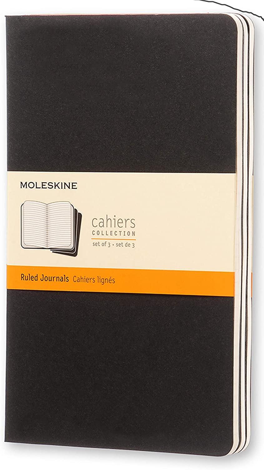 moleskine cahier journal set 3 notebooks with ruled pages cardboard cover with visible cotton stiching color black large 13 x 21 cm 80 pages