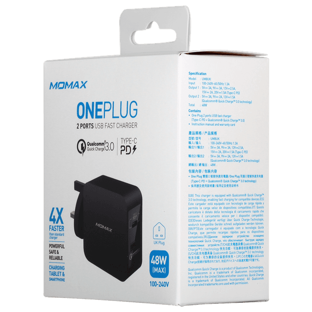 مقبس شحن 2-PORT FAST CHARGING ADAPTOR USB-C PD+QC3.0 MOMAX - أسود - 62877