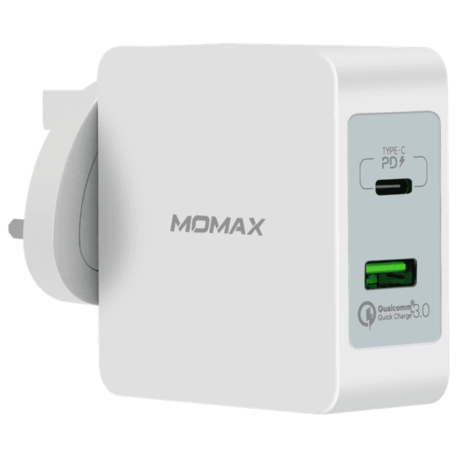 momax oneplug 2 port fast charging adaptor usb c pd qc3 0 white