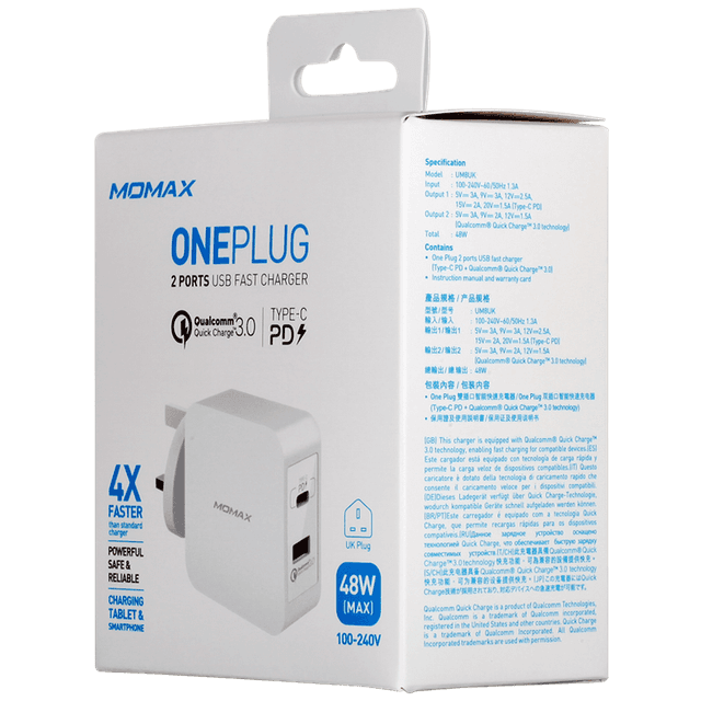 momax oneplug 2 port fast charging adaptor usb c pd qc3 0 white