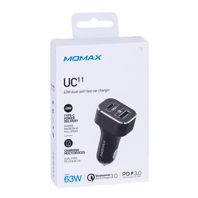 شاحن DUAL-PORT USB WITH TYPE-C PD+QC3.0 FAST CAR CHARGER 63W - موماكس