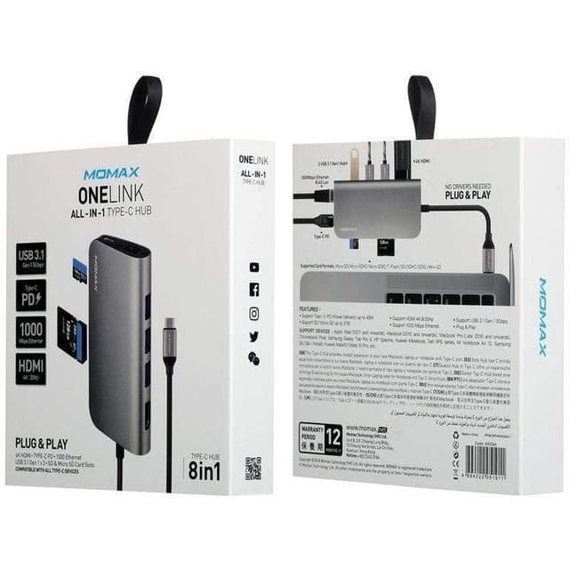 momax 8 in 1 usb c hub max 49w grey