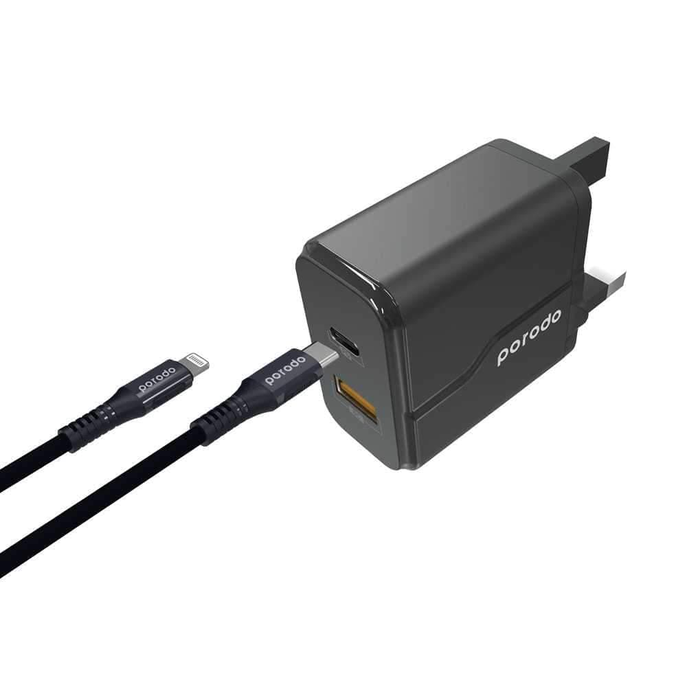 شاحن جداري مع سلك تايب سي لايتينينج 18 واط 1.5 متر أسود بورودو Porodo Black 1.5m 18W Wall Charger With Lightning Type C Cable