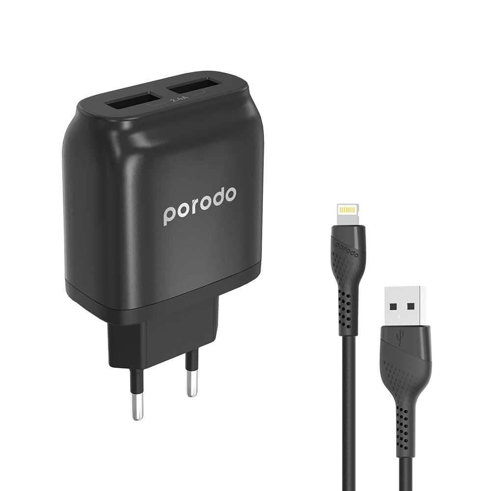 شاحن جداري مع كابل لايتننج 1.2 متر Porodo Dual USB Wall Charger 2.4A - أسود