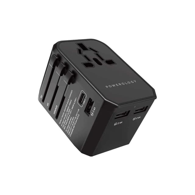 محول سفر 8 أمبير + 45 واط  أسود باورلوجي Powerology Black 2.4A + PD 45W  Universal Travel Adapter