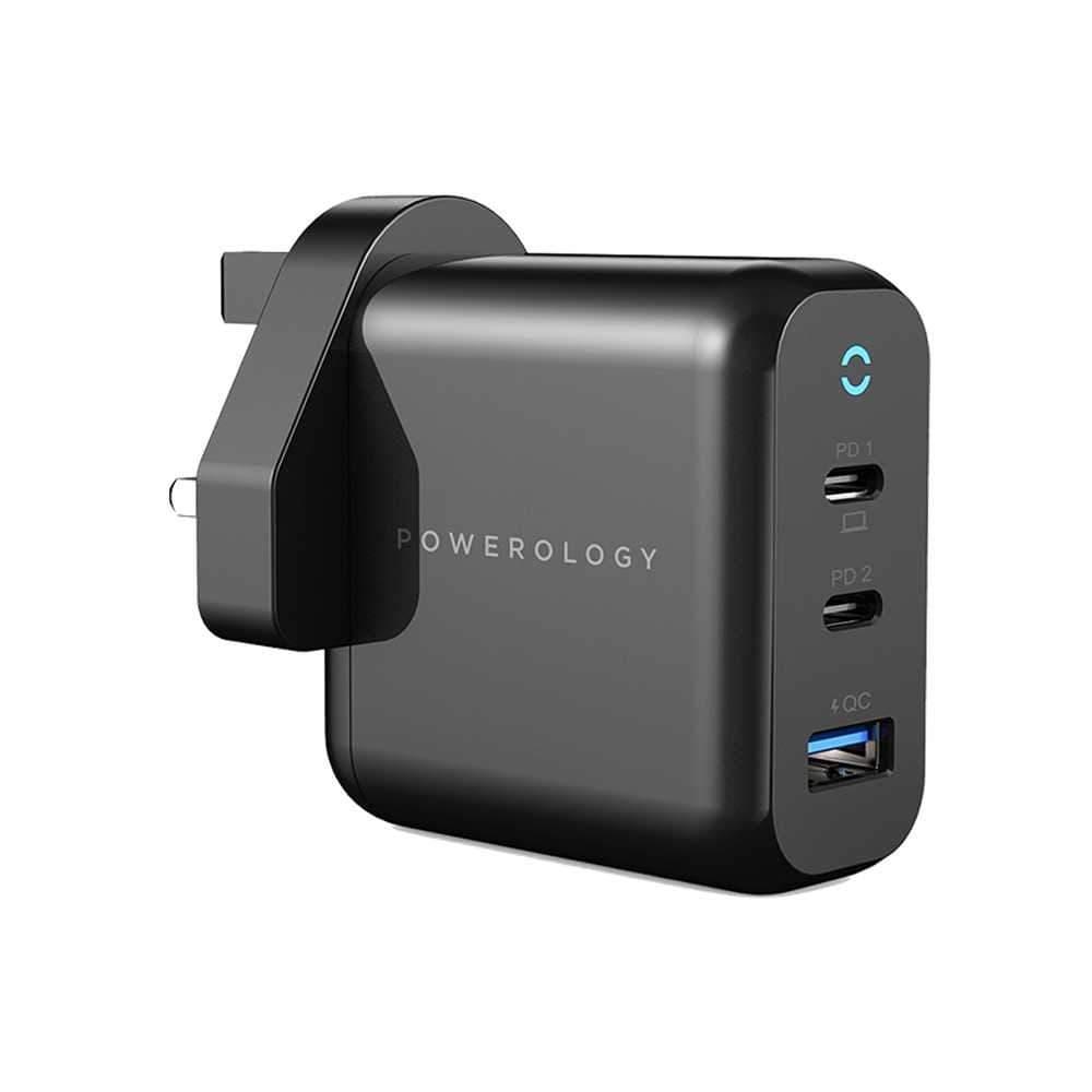 powerology 3 port 65w gan charger with pd uk black