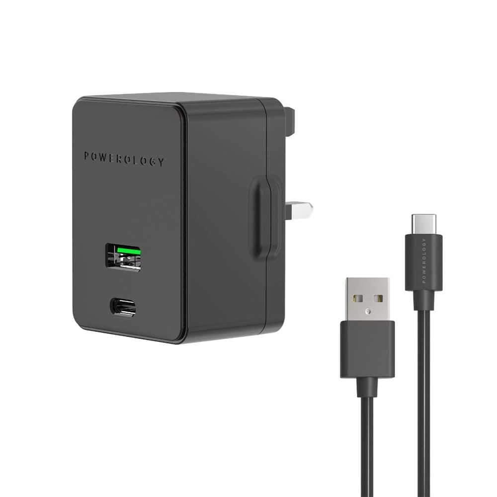 powerology dual port ultra quick pd charger 36w with type c cable 1 2m black