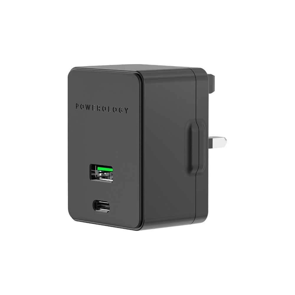 powerology dual port ultra quick pd charger 36w black