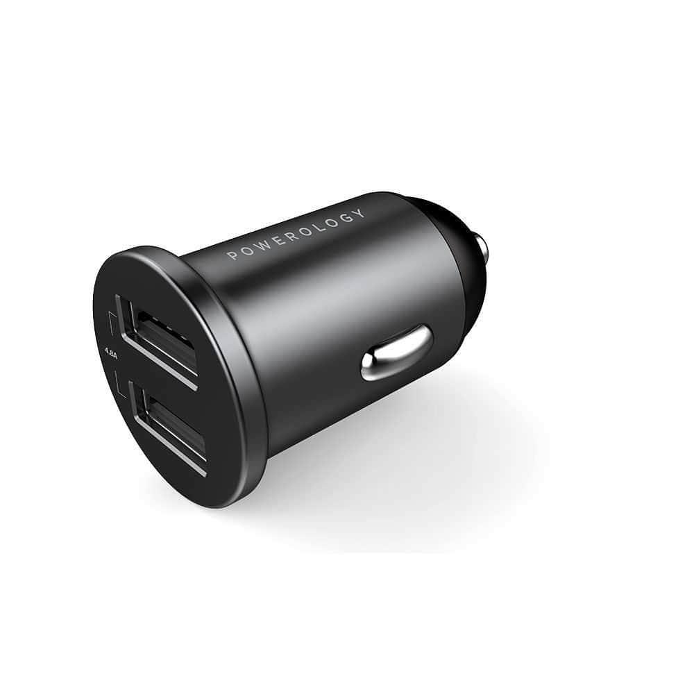 شاحن سيارة 4.8أمبير 24 واط Powerology Dual Port Aluminum Mini Car Charger - أسود