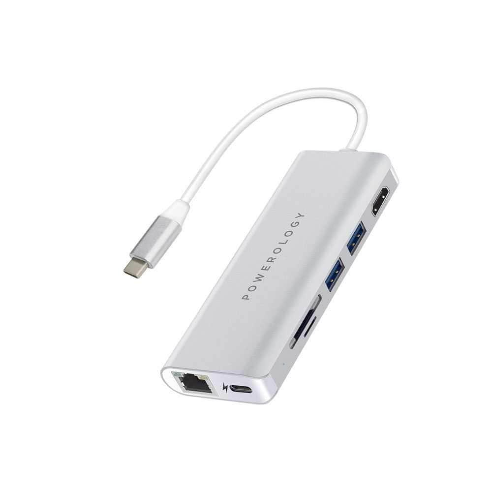 powerology 7 in 1 usb c hub ethernet and hdmi with pd 87w silver