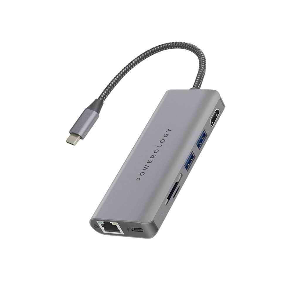 powerology 7 in 1 usb c hub ethernet and hdmi with pd 87w space gray