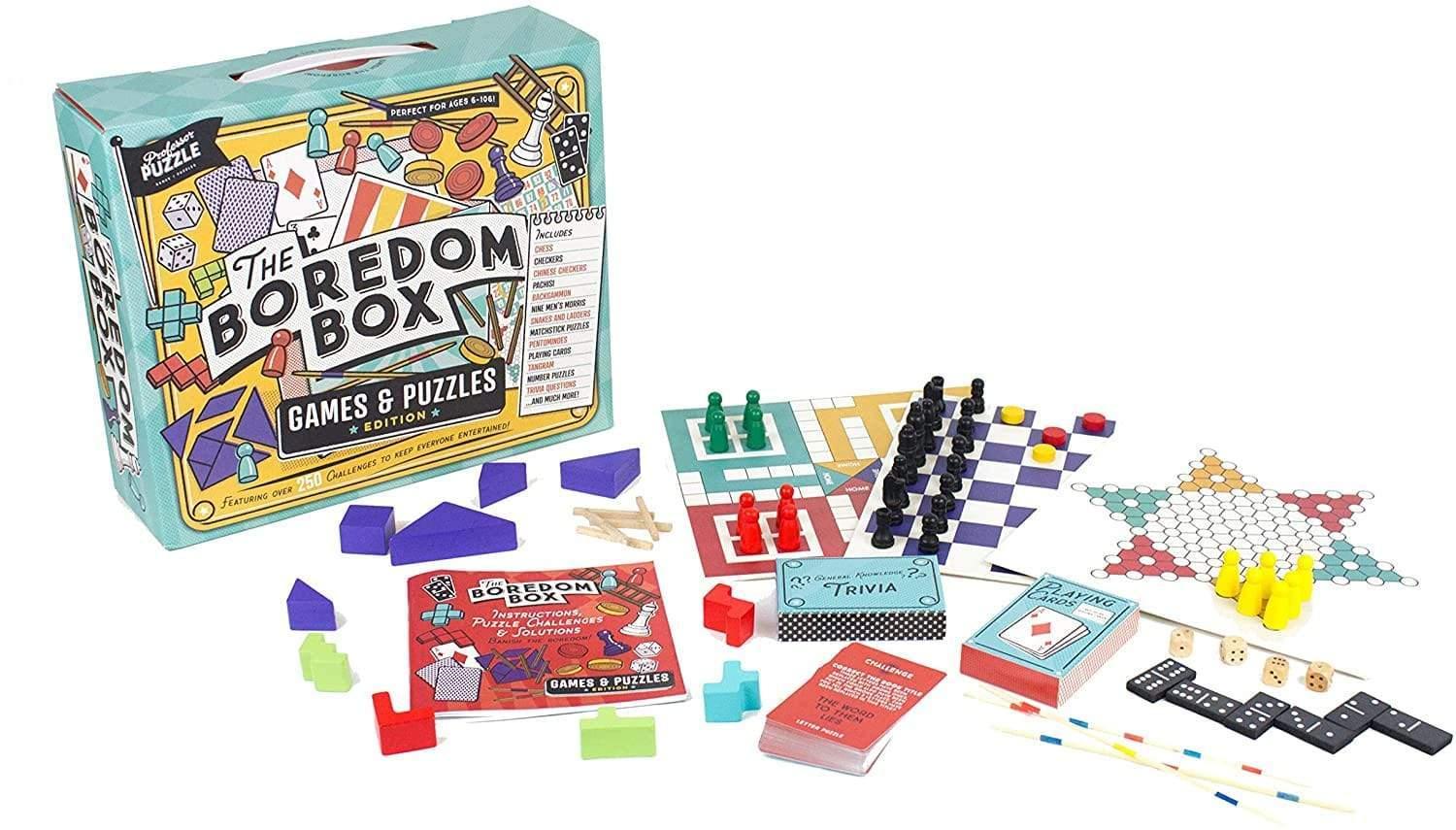 professor puzzle the boredom box huge games puzzles set over 250 activities from classic board games to lateral thinking puzzles brain train indoor games for kids family friends game night