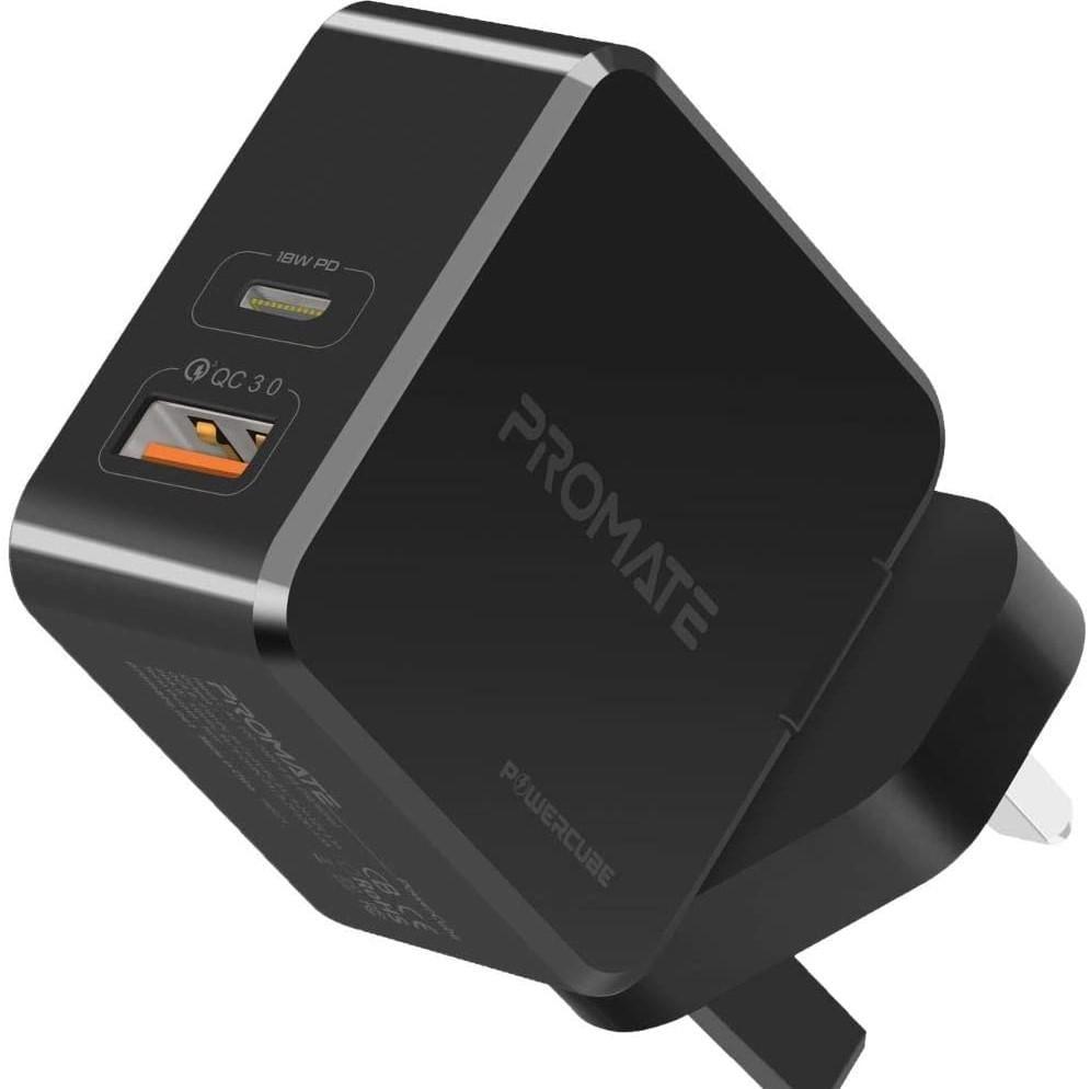 Promate USB-C Power Delivery Charger, 36W Fast Charging Dual Port Wall Charger PowerCube Black-UK