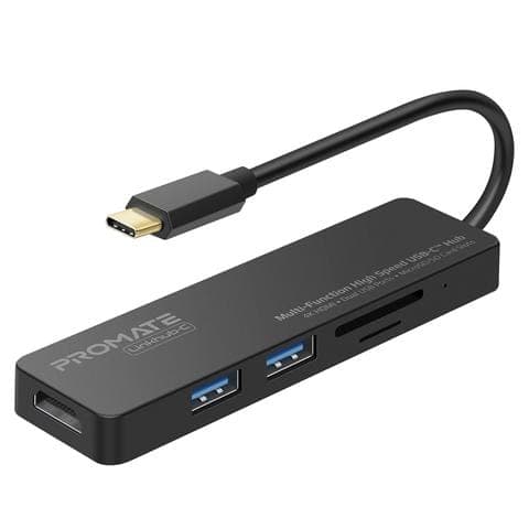 Promate USB-C Multi-Port Adapter, Portable Type-C Hub To Ultra-Fast Sync Charger Dual USB 3.0 Port, 4k USB To HDMI Port And SD/MicroSD Card Reader Slot For Type-C Laptops, LinkHub-C Black