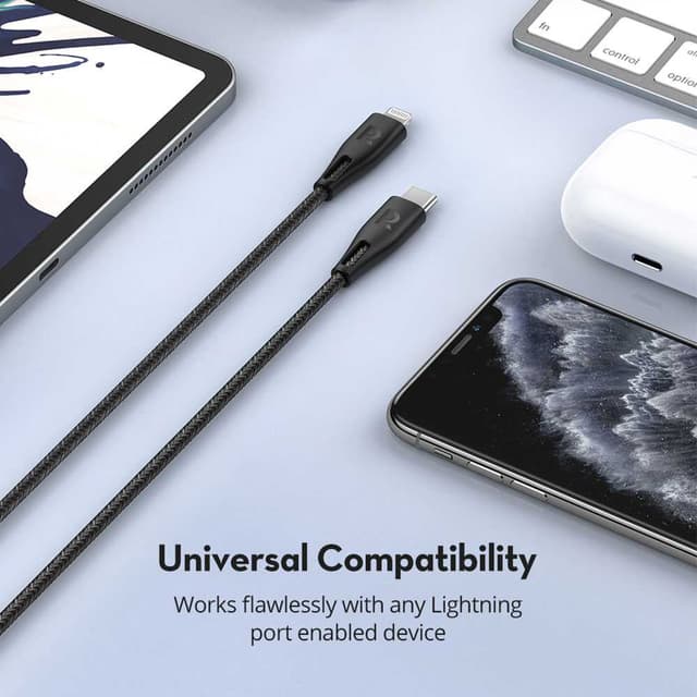 كابل مجدول طول 1.2 م RAVPower Nylon Braided Type-C to Lightning Cable  - أسود