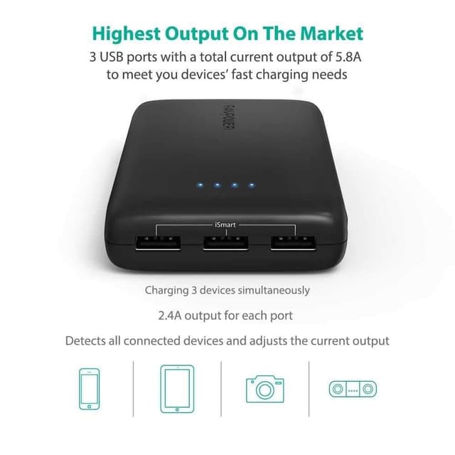 Ravpower 22000mah External Battery Pack With Triple Ismart 2.0 Usb Ports - Black