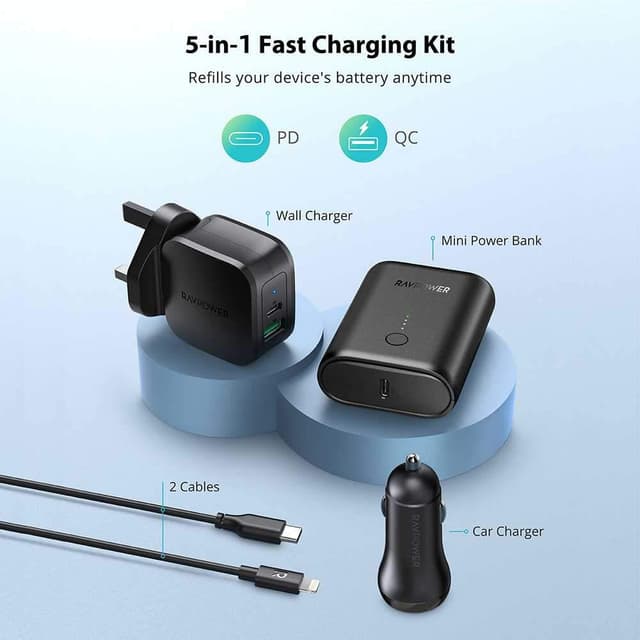 باور بانك RAVPower 5 in 1 PD Pioneer Power Bank Combo - أسود