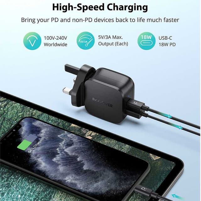 باور بانك RAVPower 5 in 1 PD Pioneer Power Bank Combo - أسود