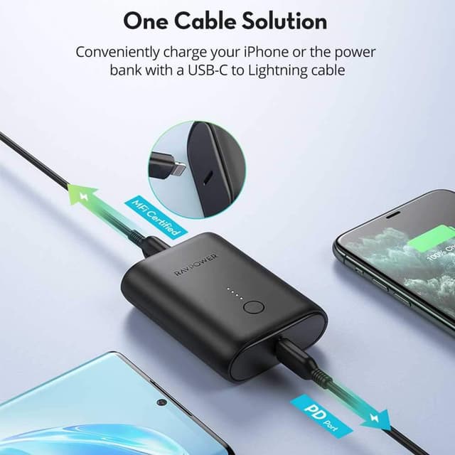 باور بانك 10000  mAh18 واط RAVPower 2-Port PD Pioneer MFi Power Bank - أسود