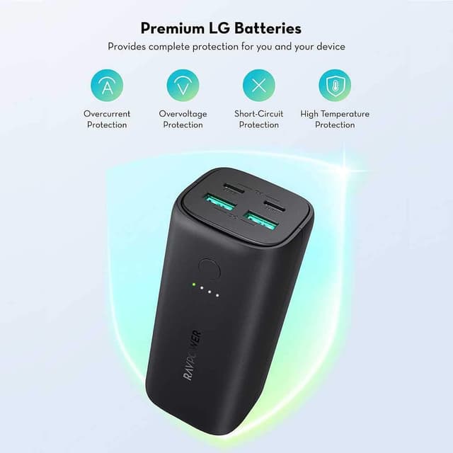 باور بانك 20000mAh 48W Ravpower PD Pioneer 4-Port Powerbank - أسود