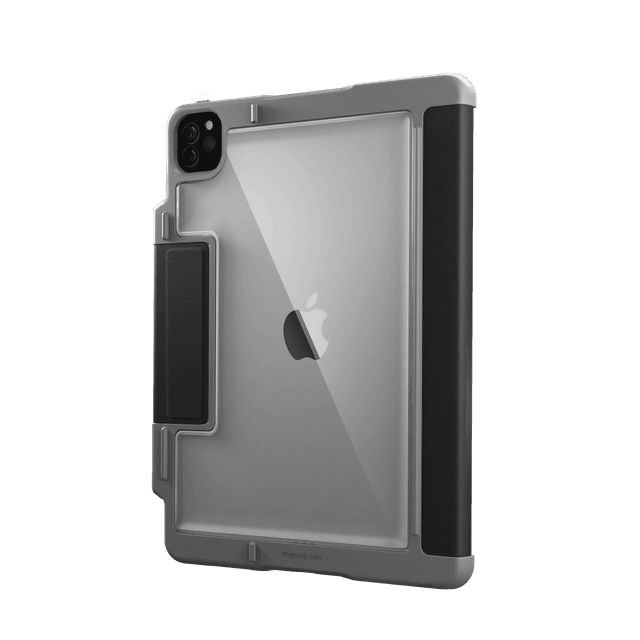 stm rugged case plus for ipad pro 12 94th 3rd gen folding cover stand w clear transparent back apple pencil holder auto wake function 360 protection shock absorbing folio case black