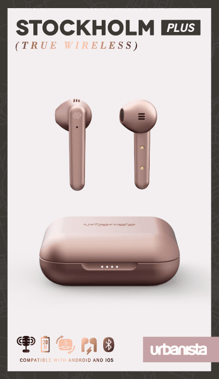 urbanista stockholm plus true wireless earphone bluetooth 5 0 touch control 20 hours battery life w charging case usb c charging for ios android smartphones tablets pcs laptops rose gold
