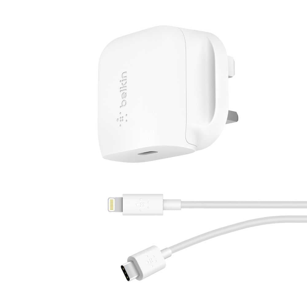 قابس شحن جداري 20 واط أبيض بيلكن Belkin USB-C Wall Charger 20W with Type-C to Lightning Cable 1.2M