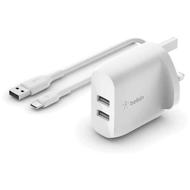 فيش شاحن USB-A بقوة 24 واط وكيبل 1 متر بيلكن Belkin Dual USB-A Wall Charger 24W with USB-A to USB-C Cable 1M - SW1hZ2U6OTI5OTY=