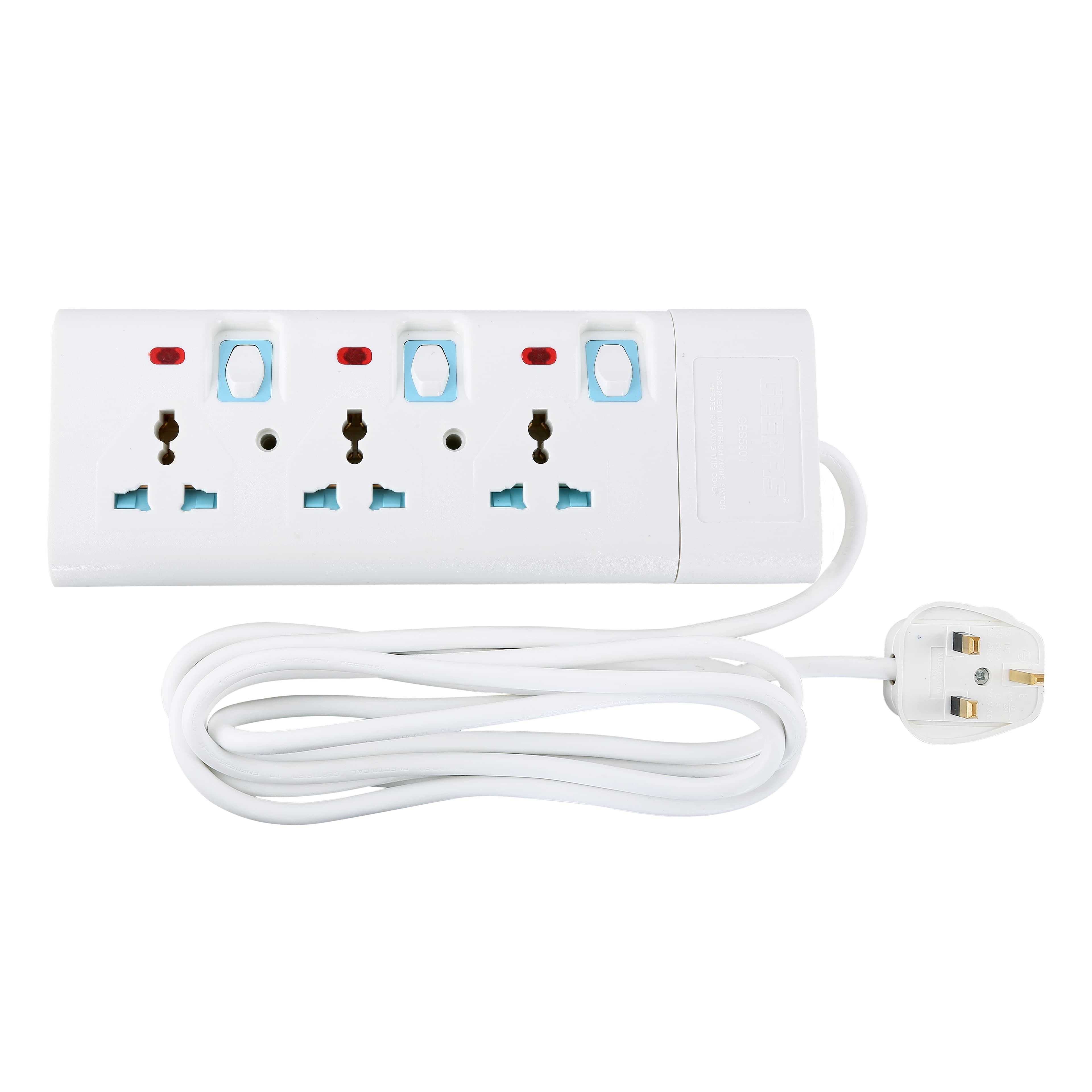 Geepas 3 Way Extension Socket – 3 Switch with Led Indicators - Child Safe, Extra Long Cord with Over Current Protected - Ideal for All Electronic Devices